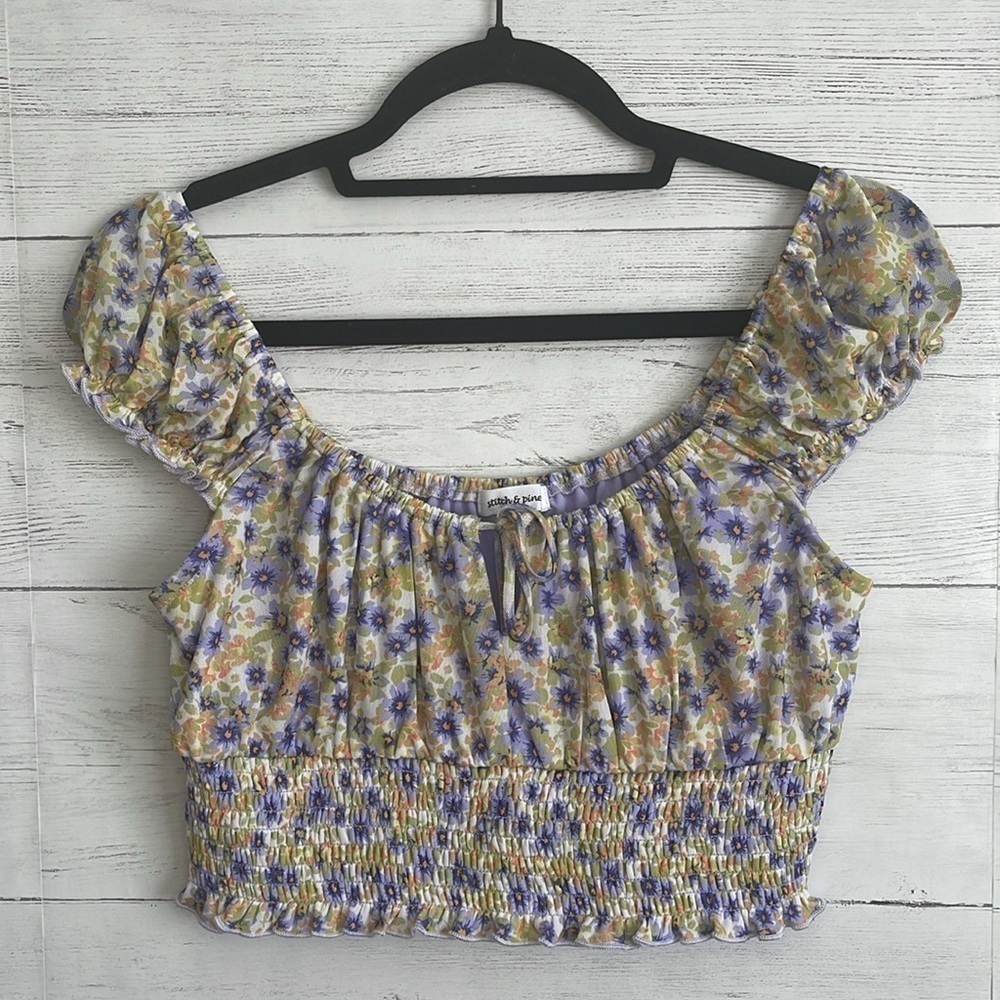 Stitch & Pine Floral Ruffle Smoked Crop Top